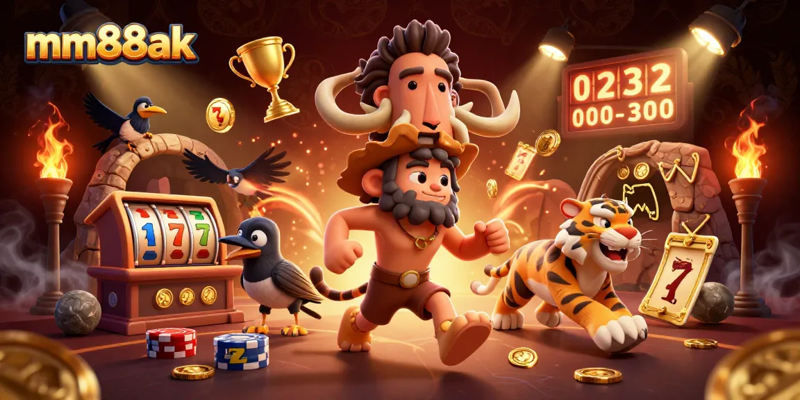 Play slots at mm88ak with animated cavemen and sabertooth tiger in a vibrant prehistoric casino scene.
