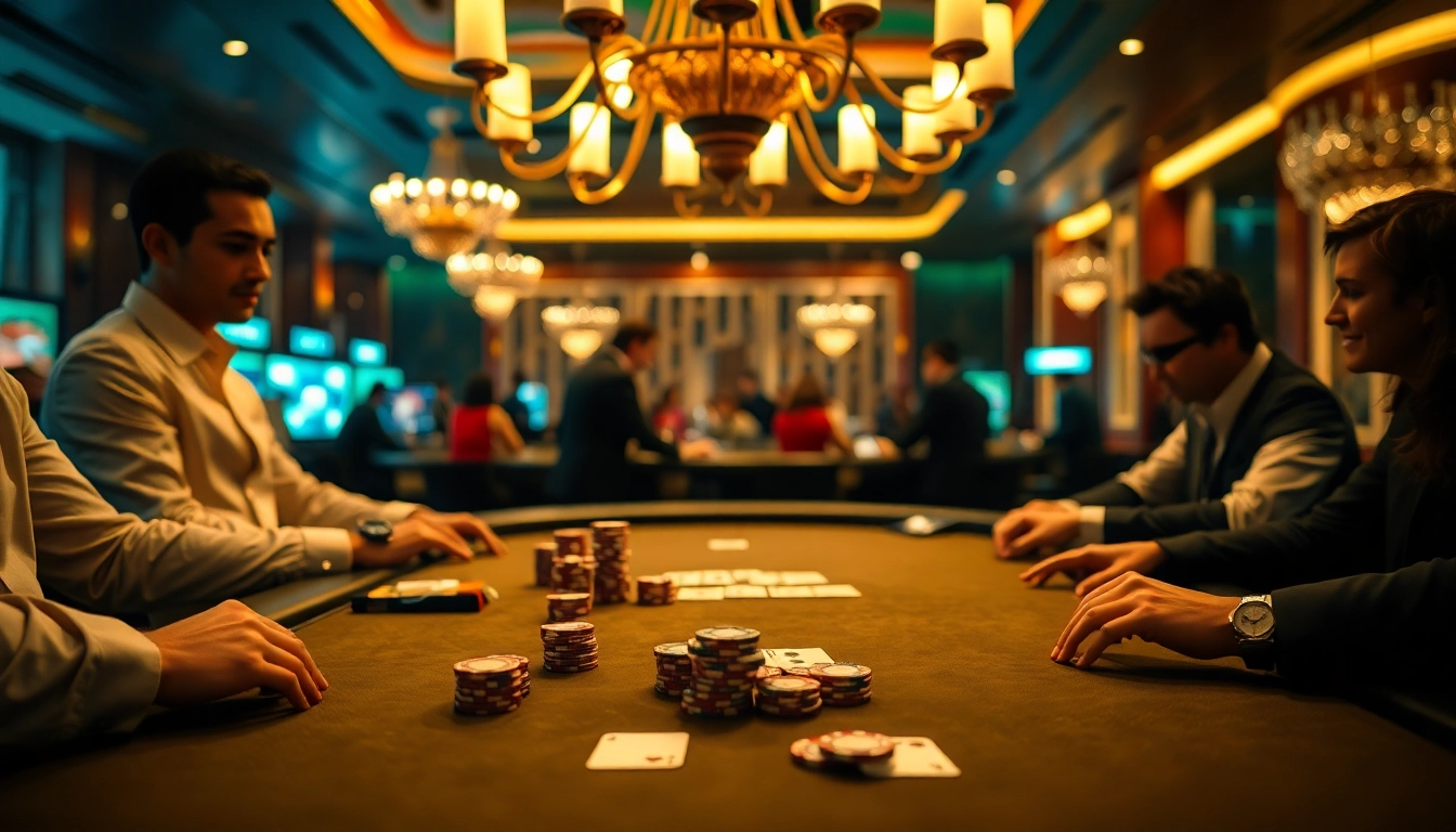 Engaging casino scene highlighting a poker table with players at high stakes.
