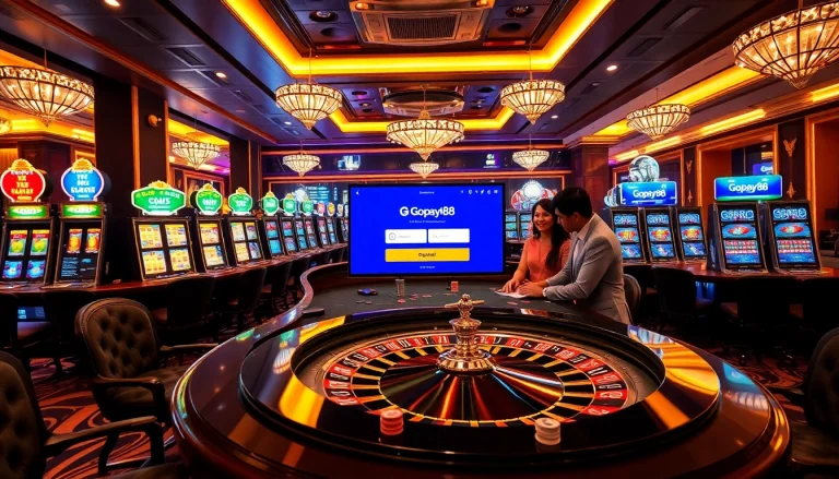 Engaging casino scene with Gopay88 Daftar registration details, highlighting excitement.