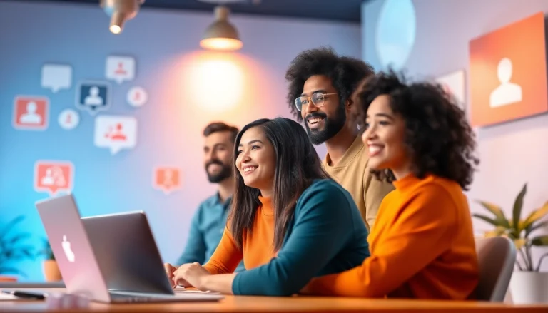 مشهد ديناميكي لشات دردشتي مع مستخدمين من خلفيات متنوعة يتبادلون المحادثة عبر الإنترنت.