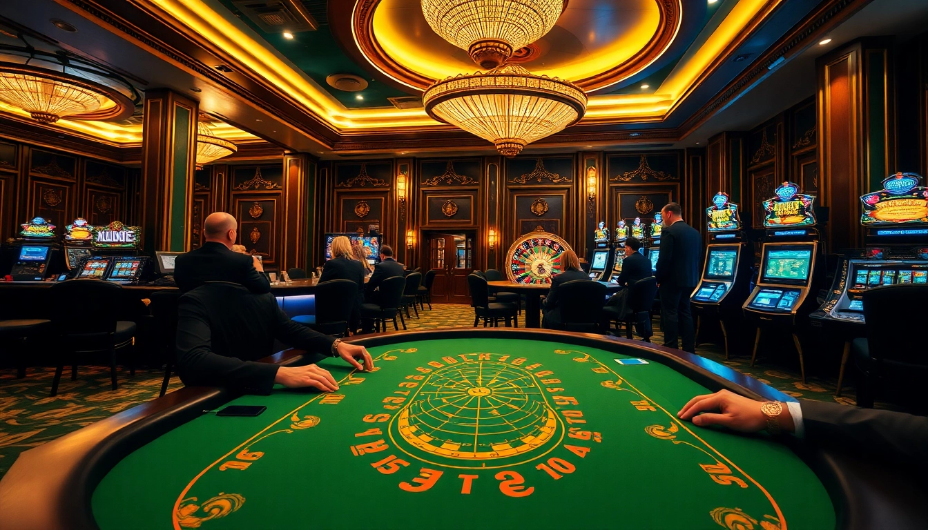 KJC-themed high-end casino scene with poker, roulette, and slot machines capturing excitement.