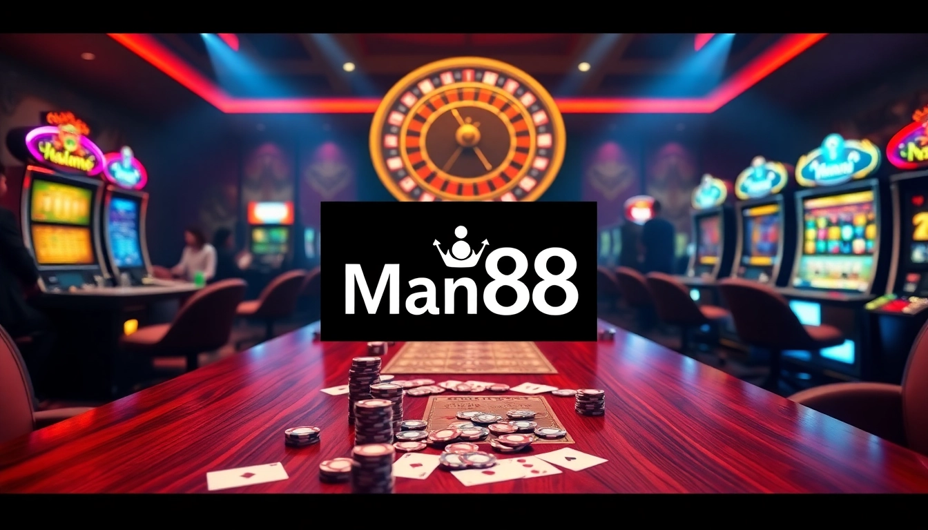 Exciting gambling scene highlighting the nhà cái Man88 logo with poker chips and a roulette wheel.