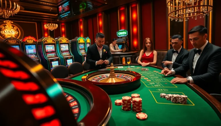Engaged gamblers revel in a luxury casino with KK55-themed roulette, poker tables, and vibrant slot machines.
