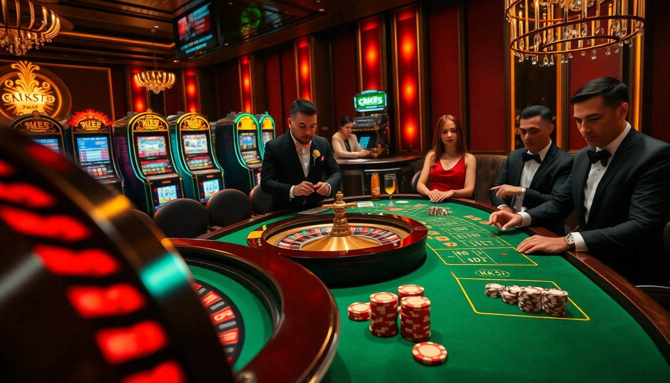 Engaged gamblers revel in a luxury casino with KK55-themed roulette, poker tables, and vibrant slot machines.