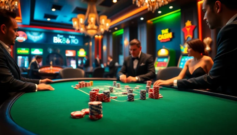 Exciting poker action at BK8 เว็บตรง casino, showcasing vibrant chips and luxury lighting.