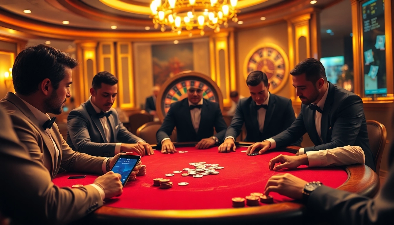 Pahala4d players strategizing at a luxurious poker table, highlighting tension and excitement in gambling.