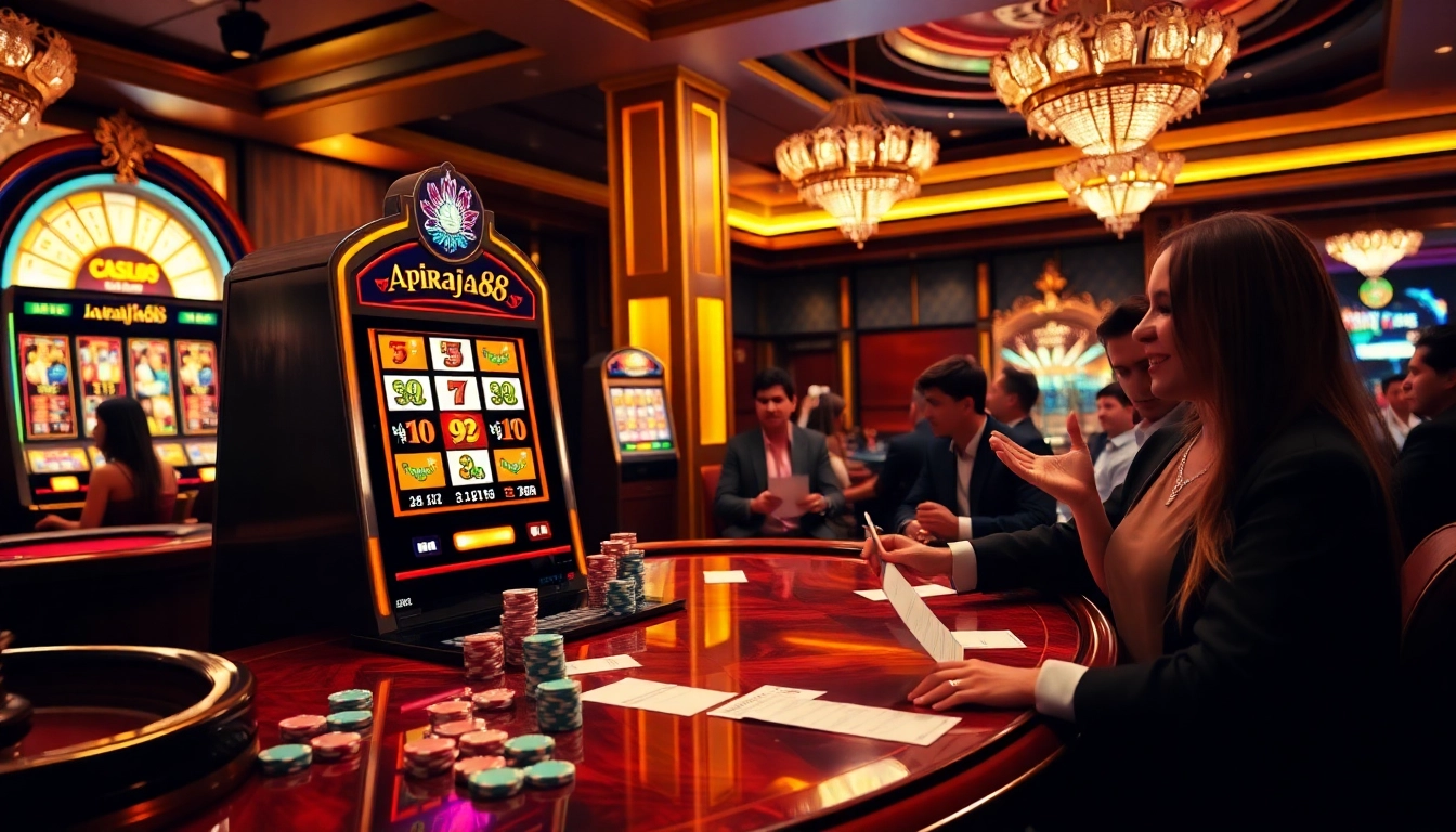 Engaging scene showcasing slot online apiraja88 with vibrant machines and enthusiastic gamblers.