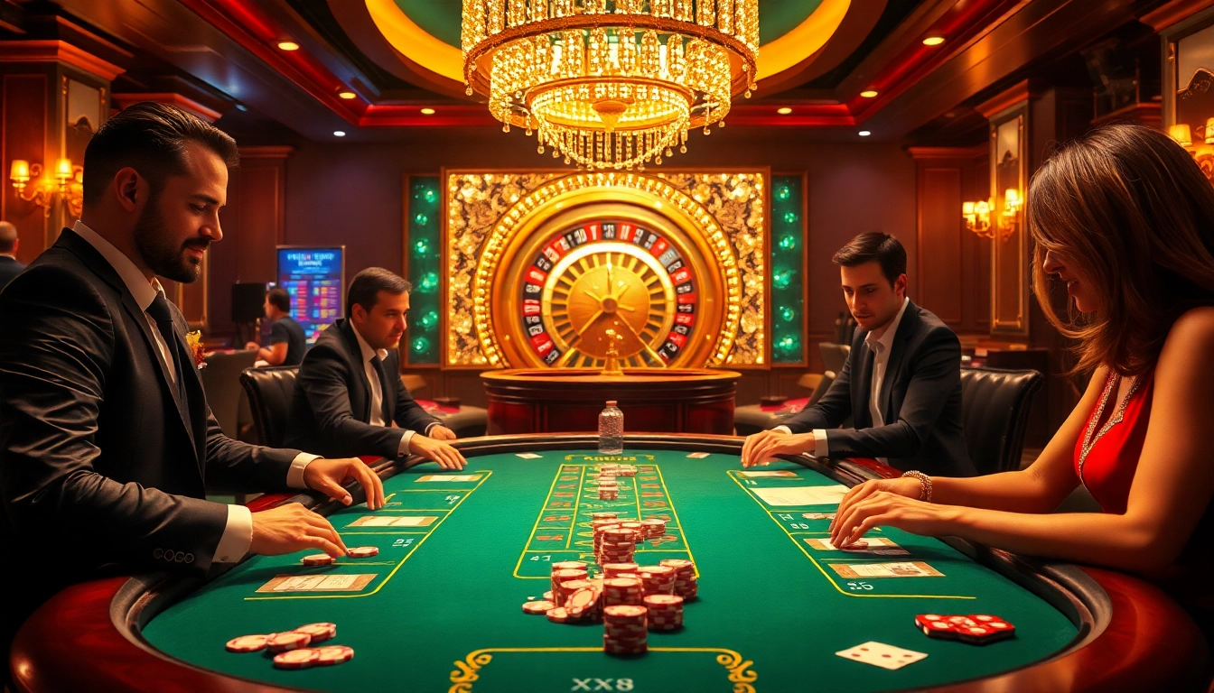 Players enjoy an exciting game of XX88 poker at a luxurious casino table with vibrant lights.