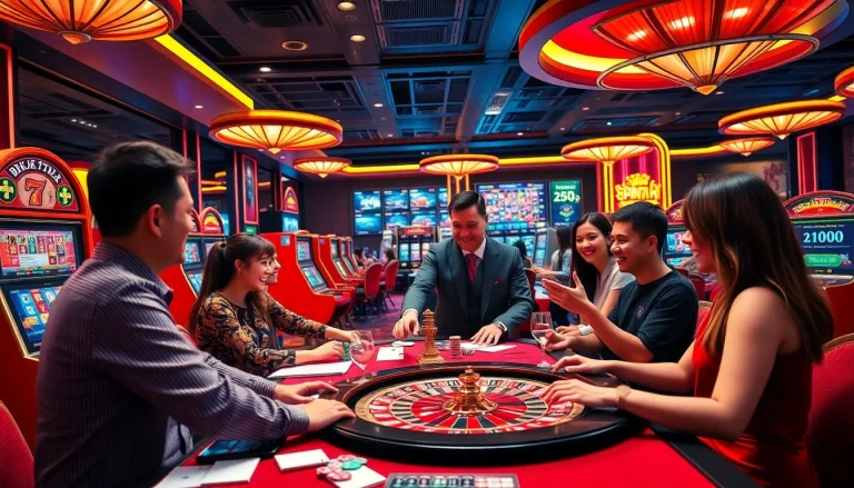 Experience thrilling gameplay at BK8THAI ทางเข้า with an inviting casino atmosphere featuring vibrant tables and eager players.