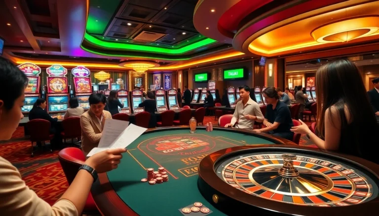 Players enjoying a vibrant casino atmosphere at go 88 com, surrounded by poker tables and slot machines.