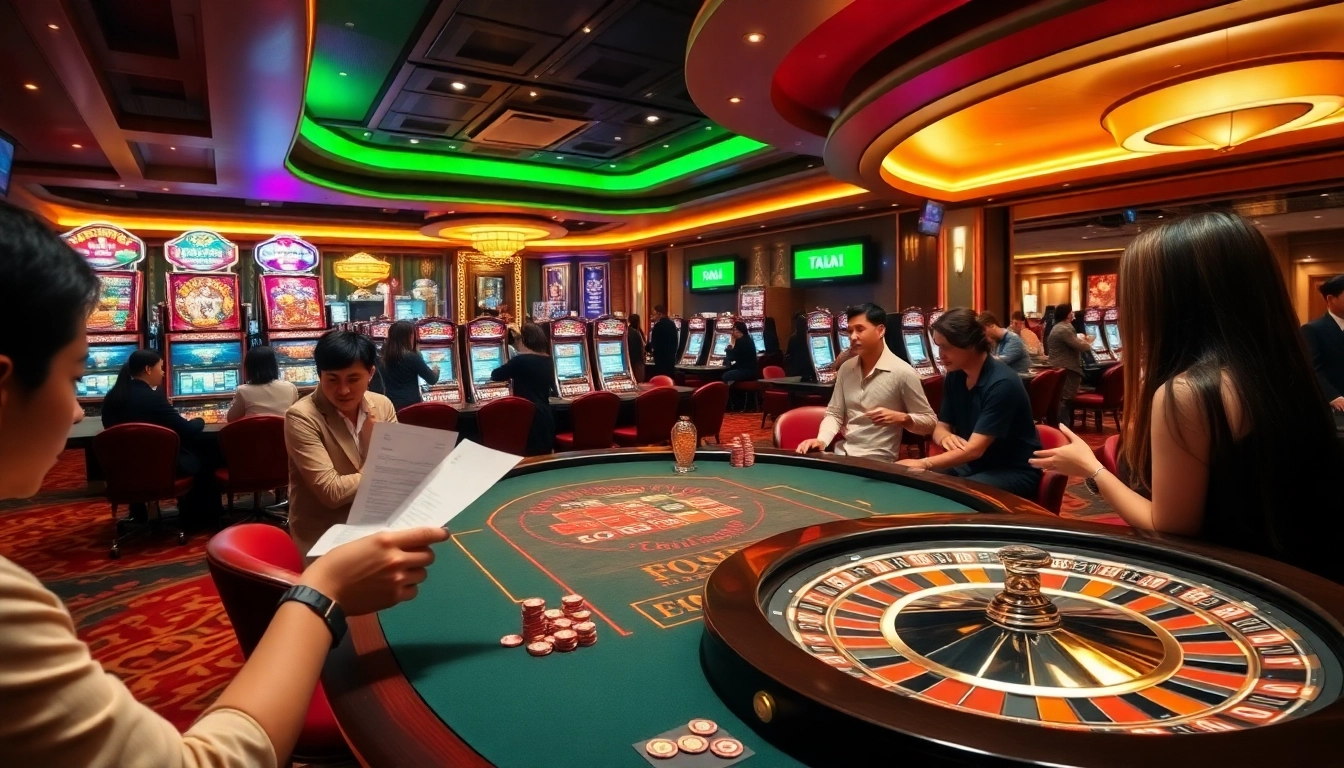 Players enjoying a vibrant casino atmosphere at go 88 com, surrounded by poker tables and slot machines.