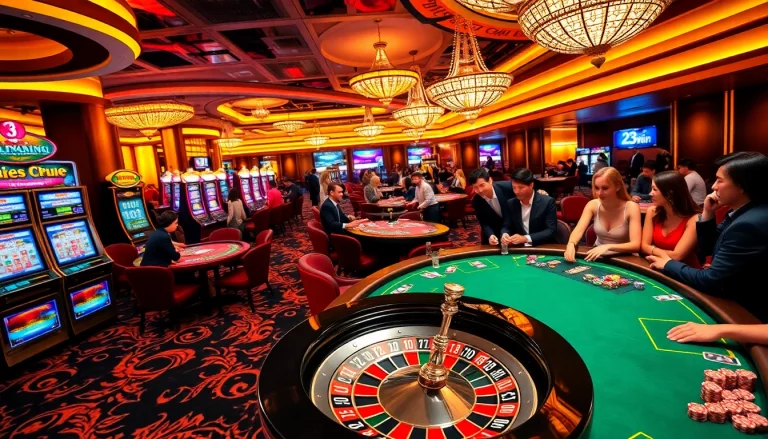 Players enjoying thrilling casino games at 23win with vibrant slots and luxurious tables.