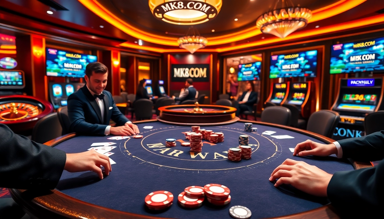 Players engage in thrilling high-stakes poker at MK8.COM, surrounded by luxury casino elements.