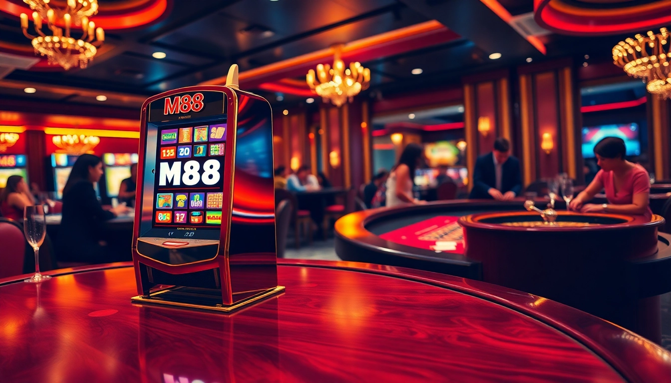 Experience thrilling gameplay at the m88 slot machine surrounded by elegant casino tables and eager players.