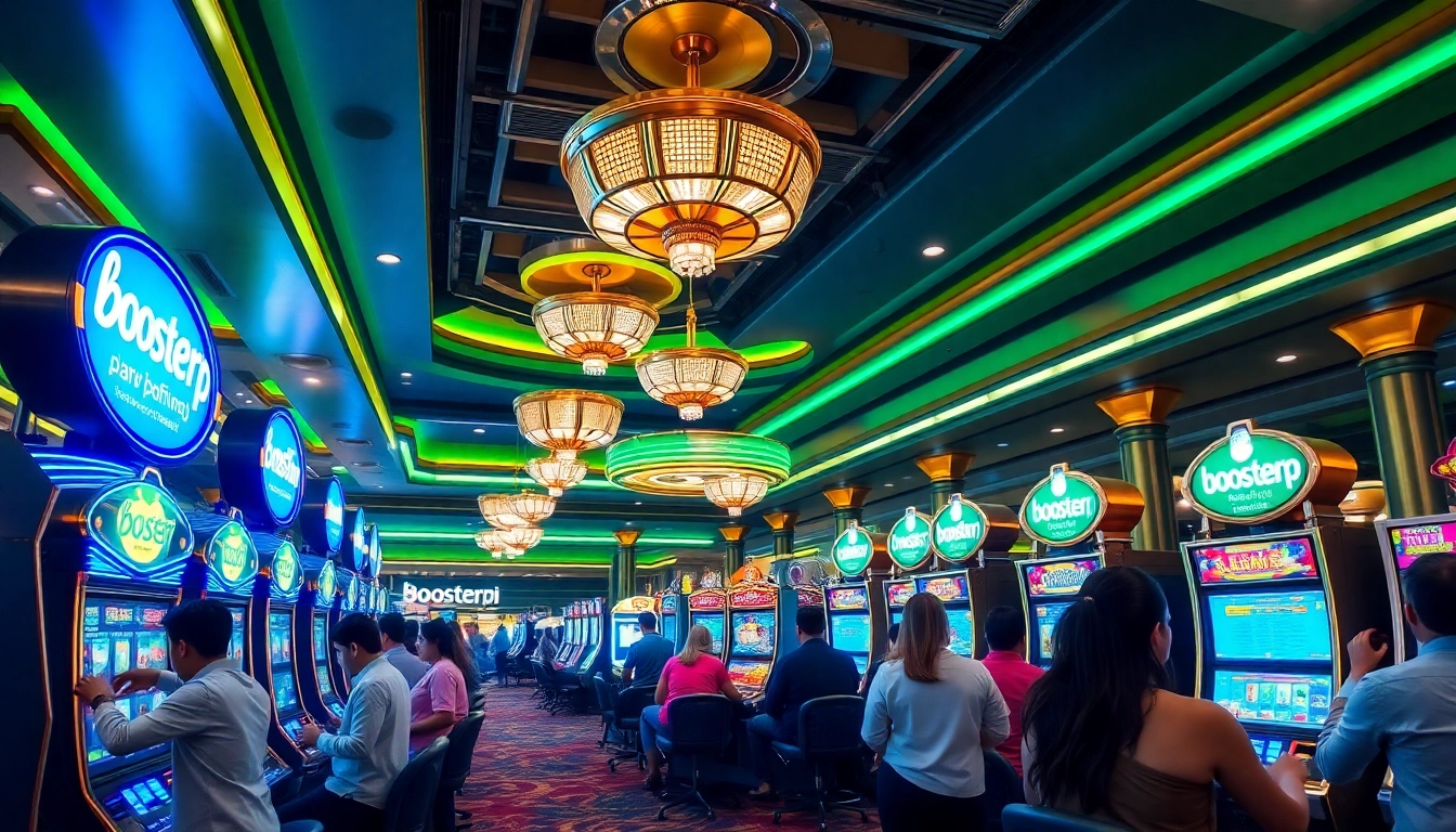 Experience the winning thrill at BoosterJP's luxurious casino, featuring exciting slot machines and vibrant décor.
