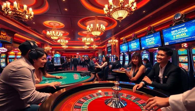 Experience exciting khuyến mãi okfun offers on a vibrant casino floor with joyful players at gaming tables.