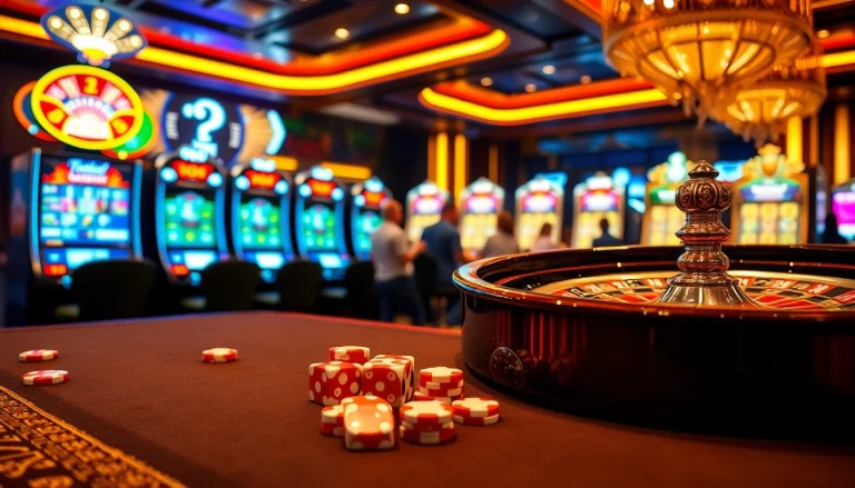 Kaptenjackpot gaming ambiance with poker chips and roulette wheel evokes excitement.