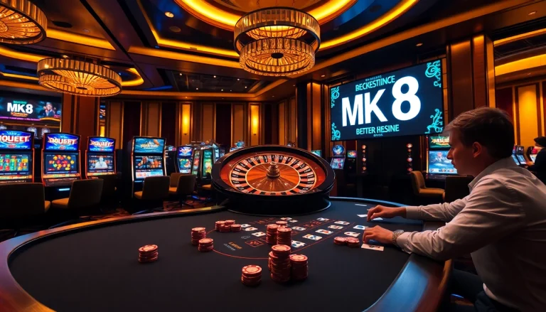 Engaged players enjoying MK 8 betting at a luxurious casino table while chips and cards surround them.