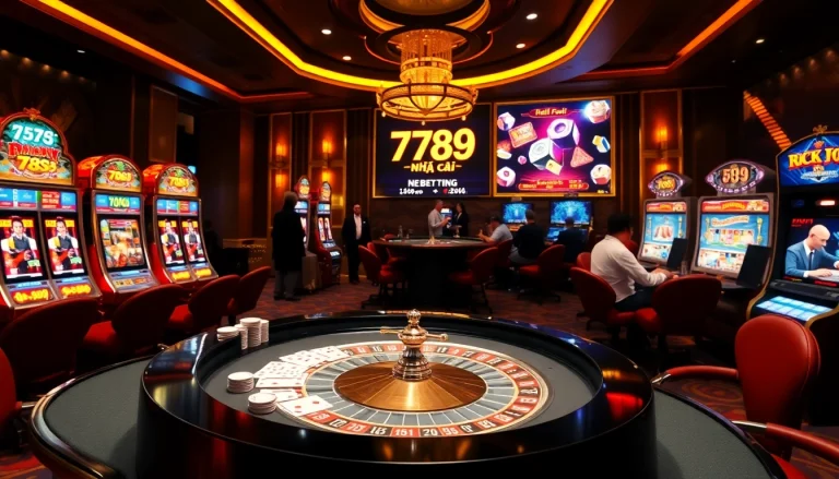 Experience the excitement of 789f nhà cái with players at a luxurious casino table and vibrant gaming elements.