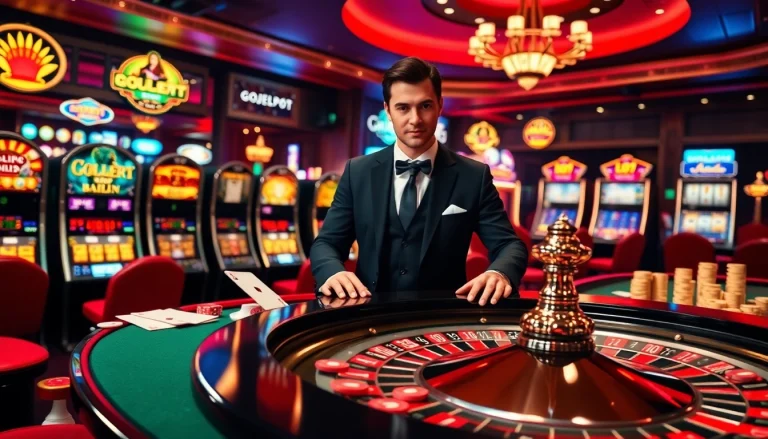 Experience the thrill of live gambling with gojekpot at a luxurious casino table featuring roulette and vibrant slot machines.