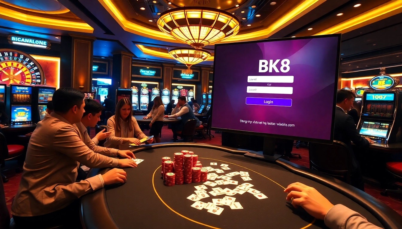 Experience the excitement of bk8 login with a stylish casino scene featuring poker tables and slot machines.