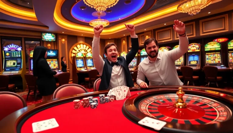 Exciting gambling scene at Website kubet with players celebrating wins at poker and slot machines.