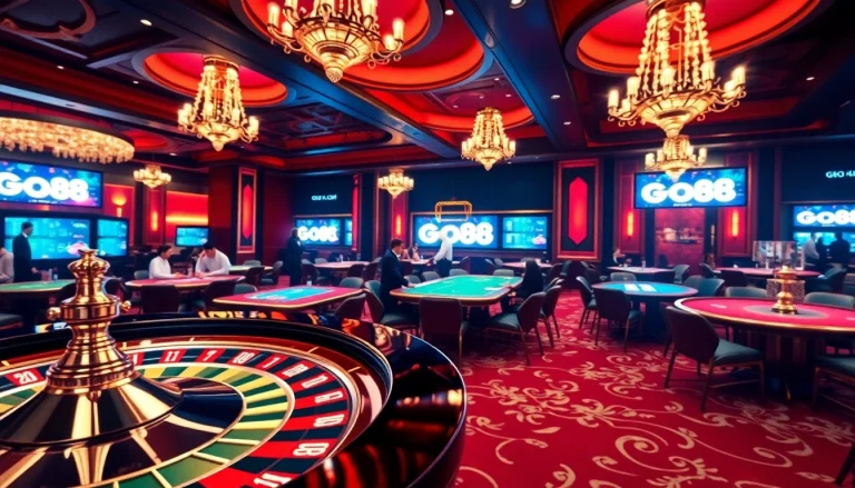 Engaged players enjoying various casino games and betting on go88 .com in a luxurious setting.
