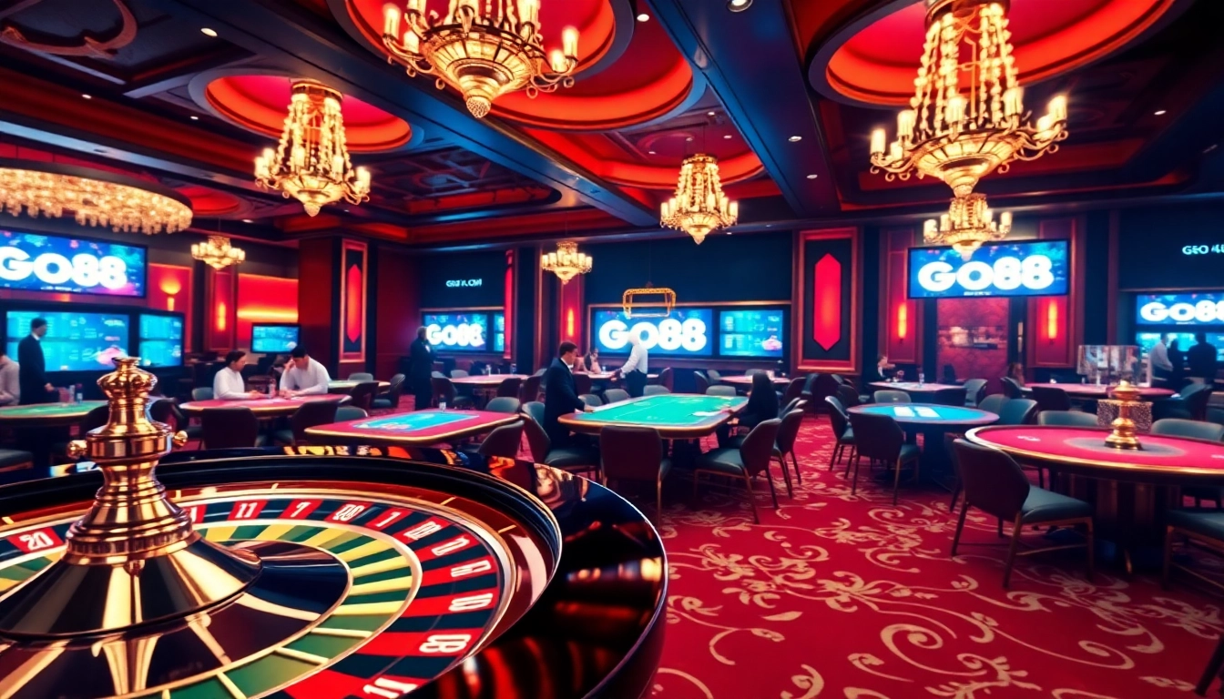 Engaged players enjoying various casino games and betting on go88 .com in a luxurious setting.