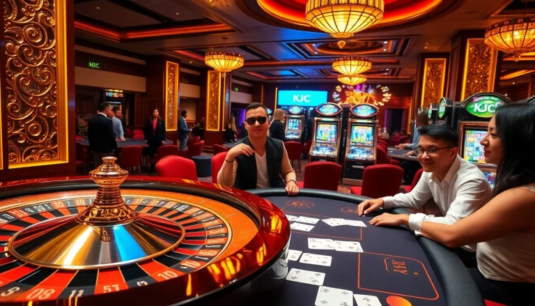 KJC branded casino scene with roulette wheel, poker table, and vibrant slot machines.