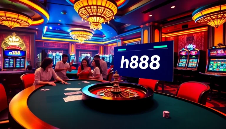 Experience the thrill of nh88 with excitement at a luxurious poker table in a vibrant casino.